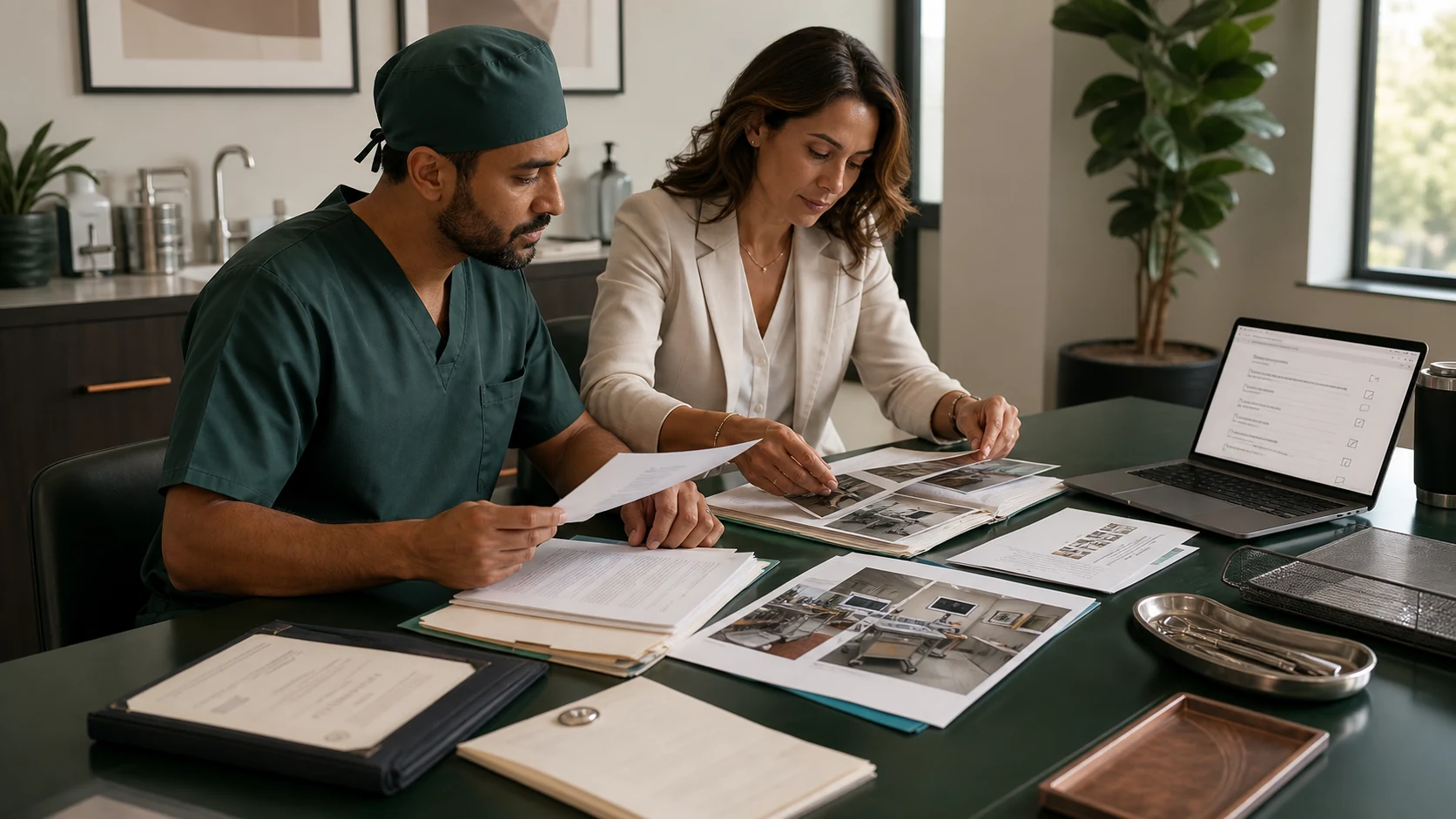 A surgeon and clinic lead preparing credential, facility and protocol evidence for independent review