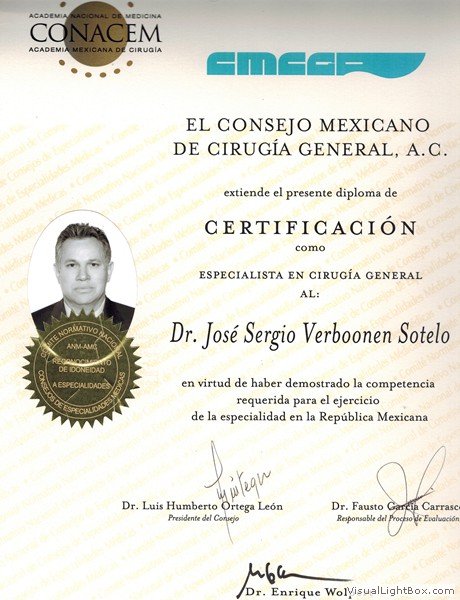 Mexican Council of General Surgery certificate scan naming Dr. Jose Sergio Verboonen Sotelo.